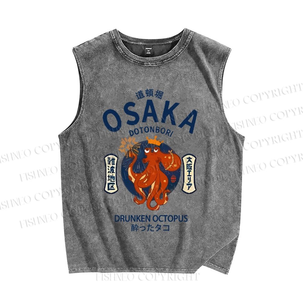 Unisex Osaka Drunken Octopus Japanese Style Printed Washed Tank Top