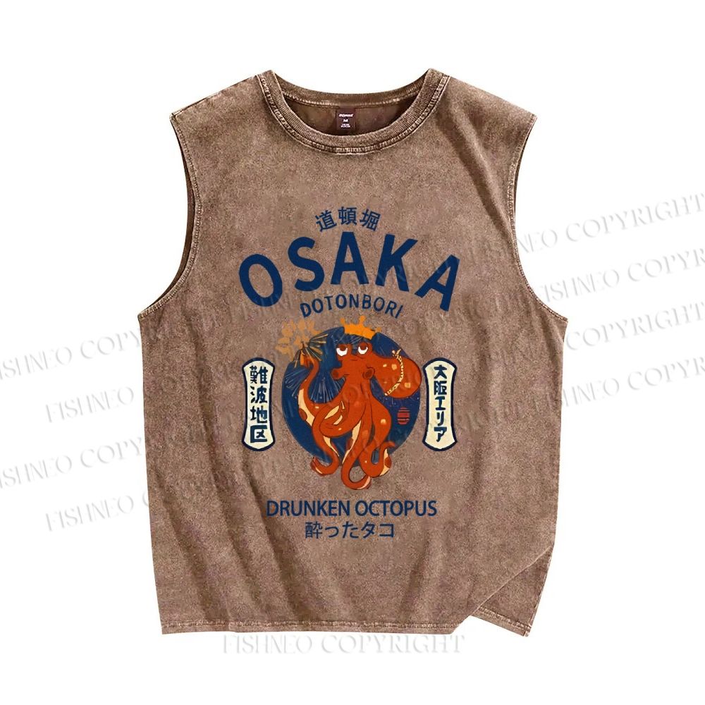 Unisex Osaka Drunken Octopus Japanese Style Printed Washed Tank Top