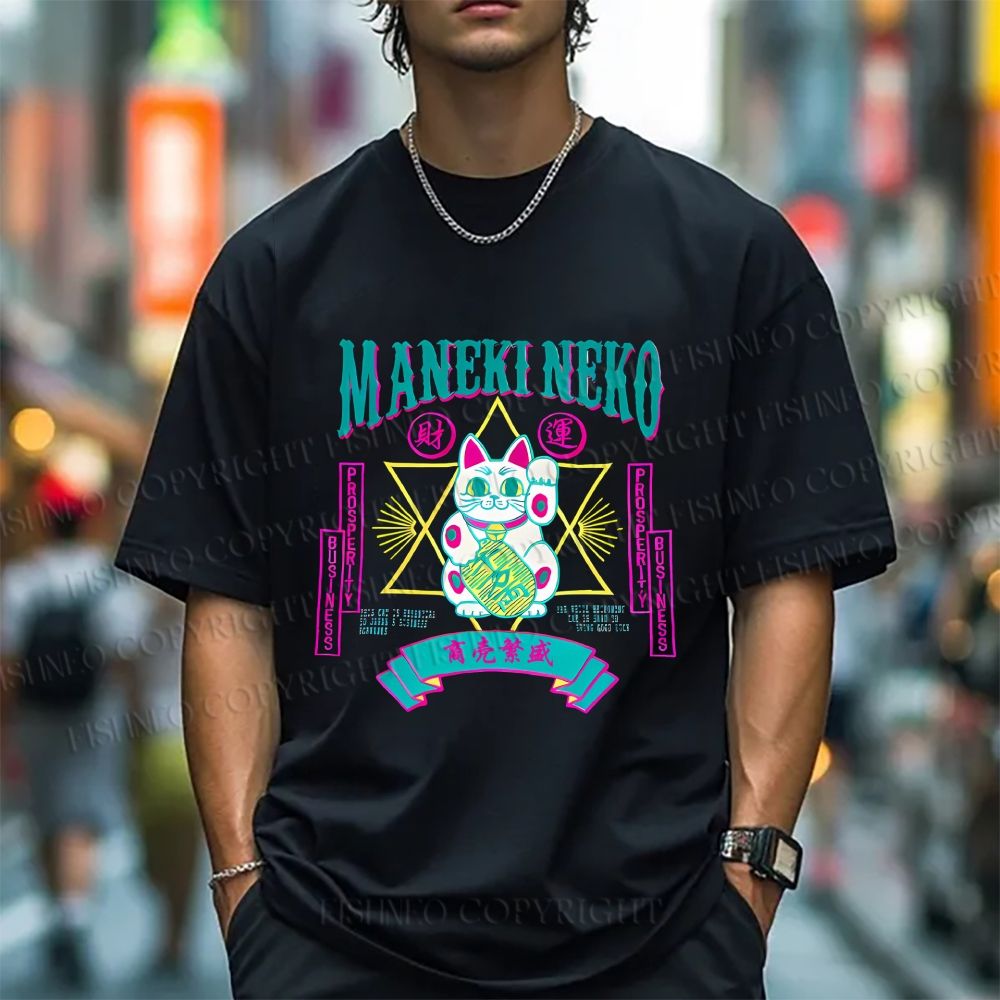 Unisex Maneki Neko Lucky Cat Vintage Classic Cotton T-shirt
