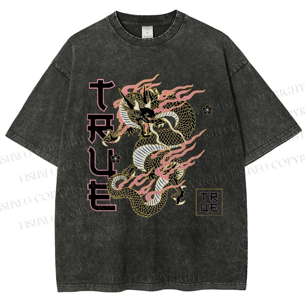 Unisex Dragon Printed Washed Tee