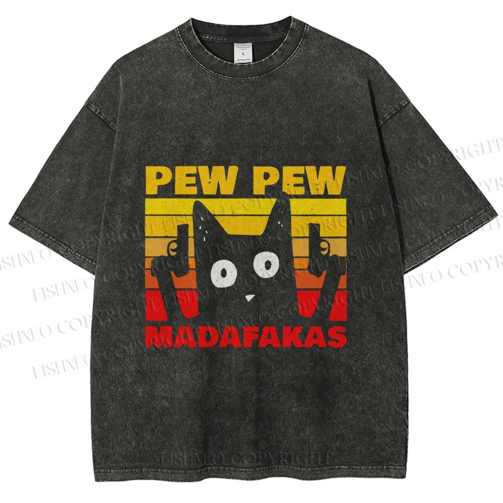 Unisex Vintage Cat Pew Pew MaDaFaKas Printed Washed Tee