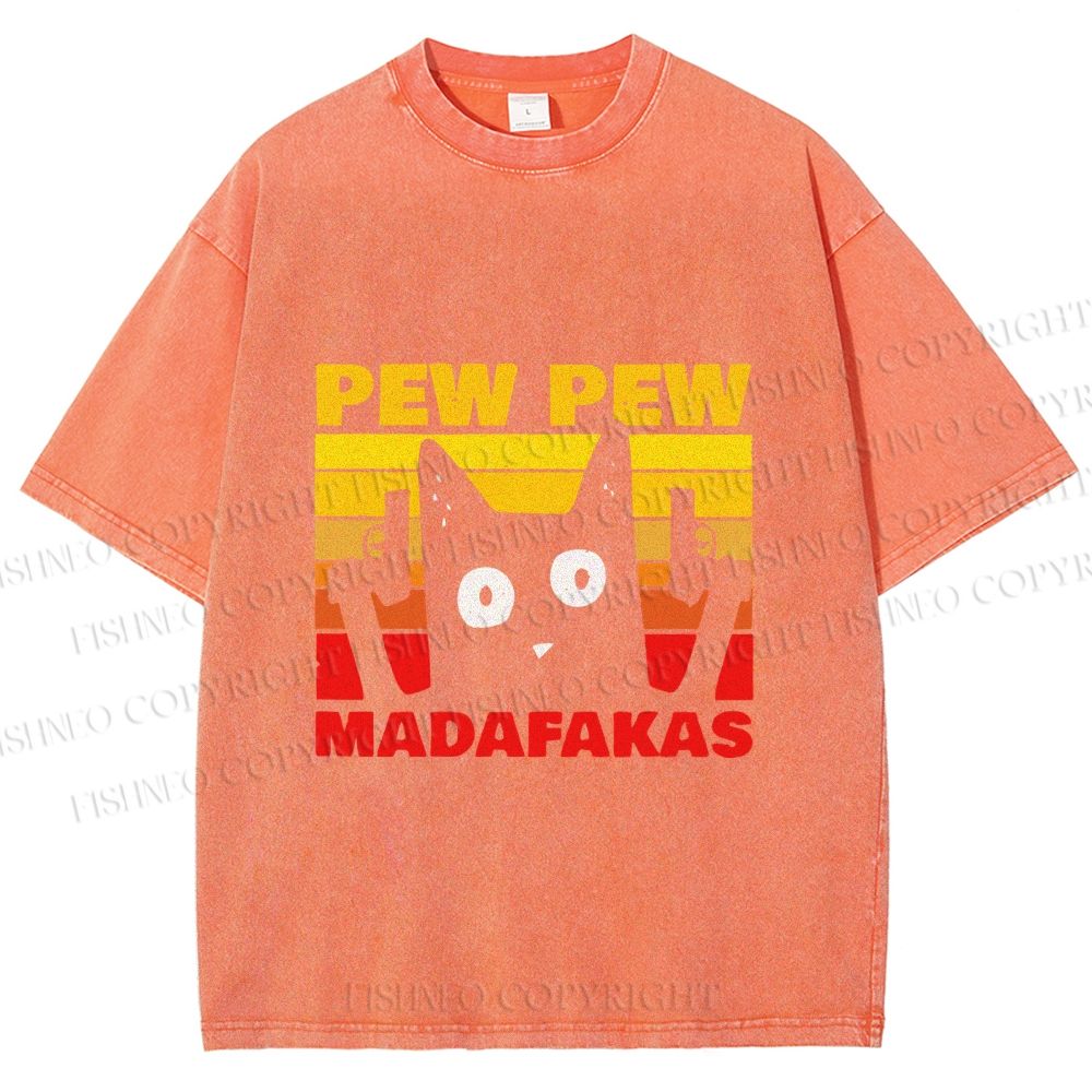 Unisex Vintage Cat Pew Pew MaDaFaKas Printed Washed Tee