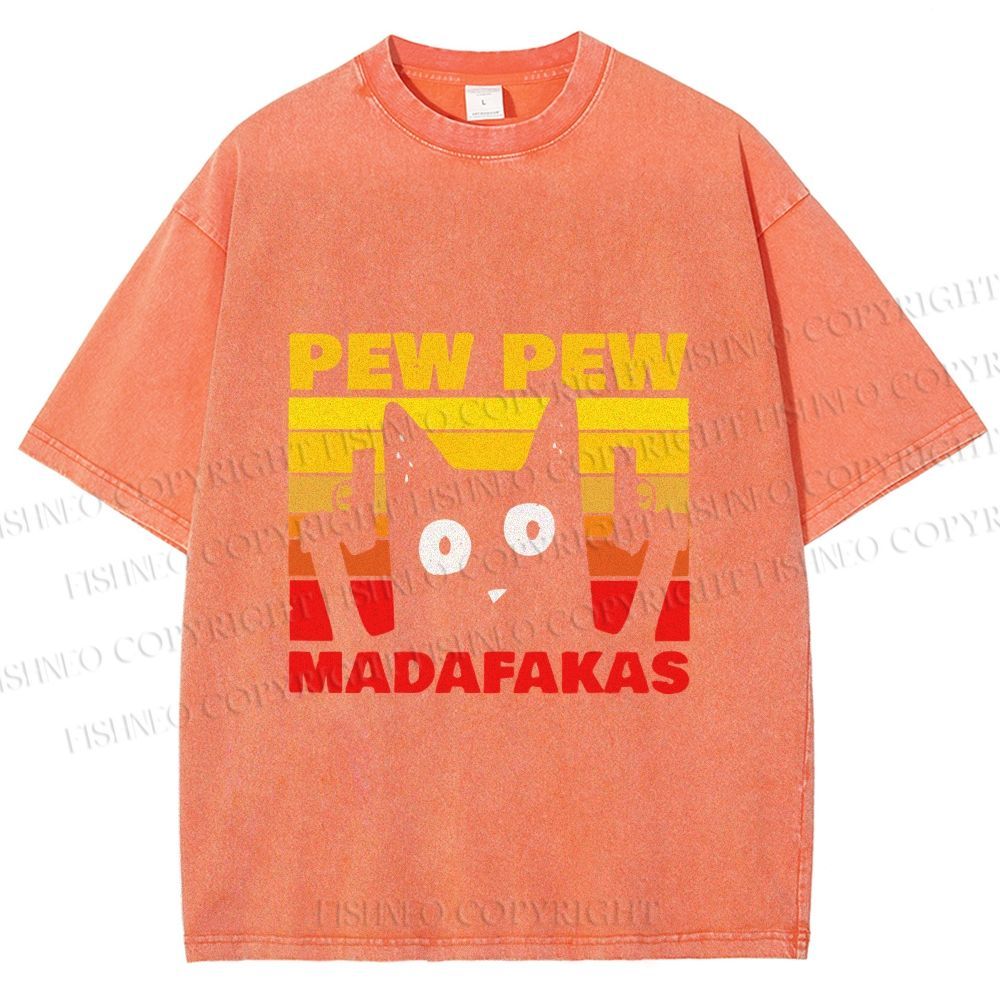 Unisex Vintage Cat Pew Pew MaDaFaKas Printed Washed Tee