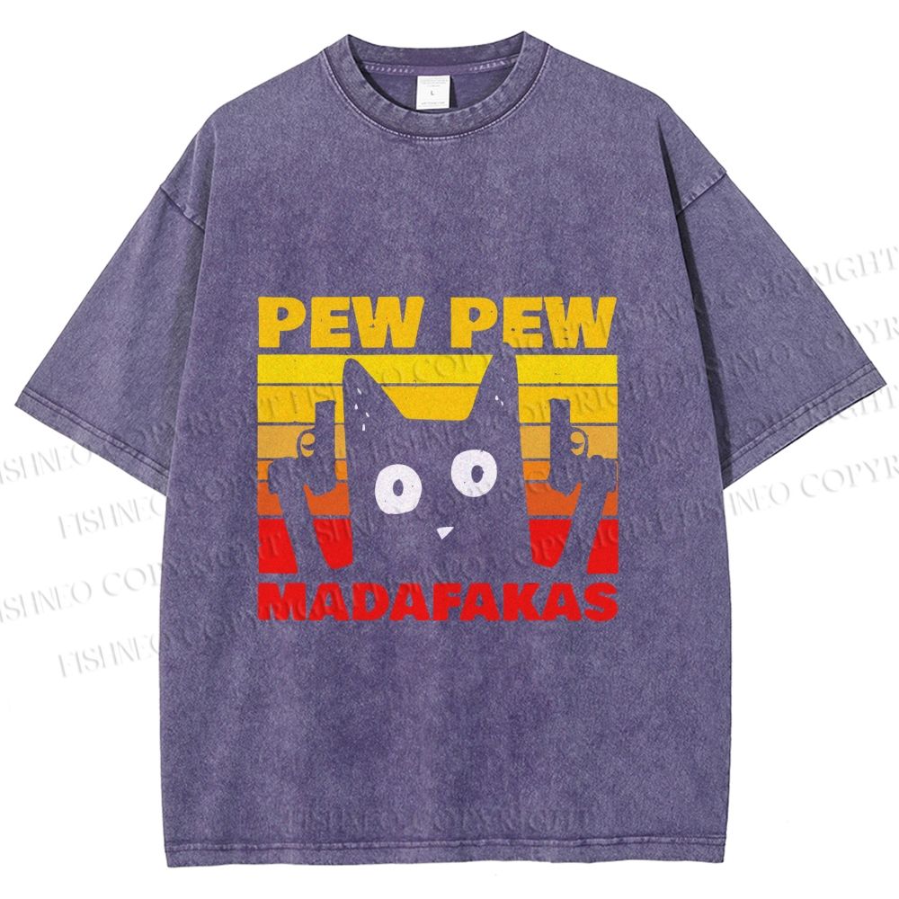 Unisex Vintage Cat Pew Pew MaDaFaKas Printed Washed Tee