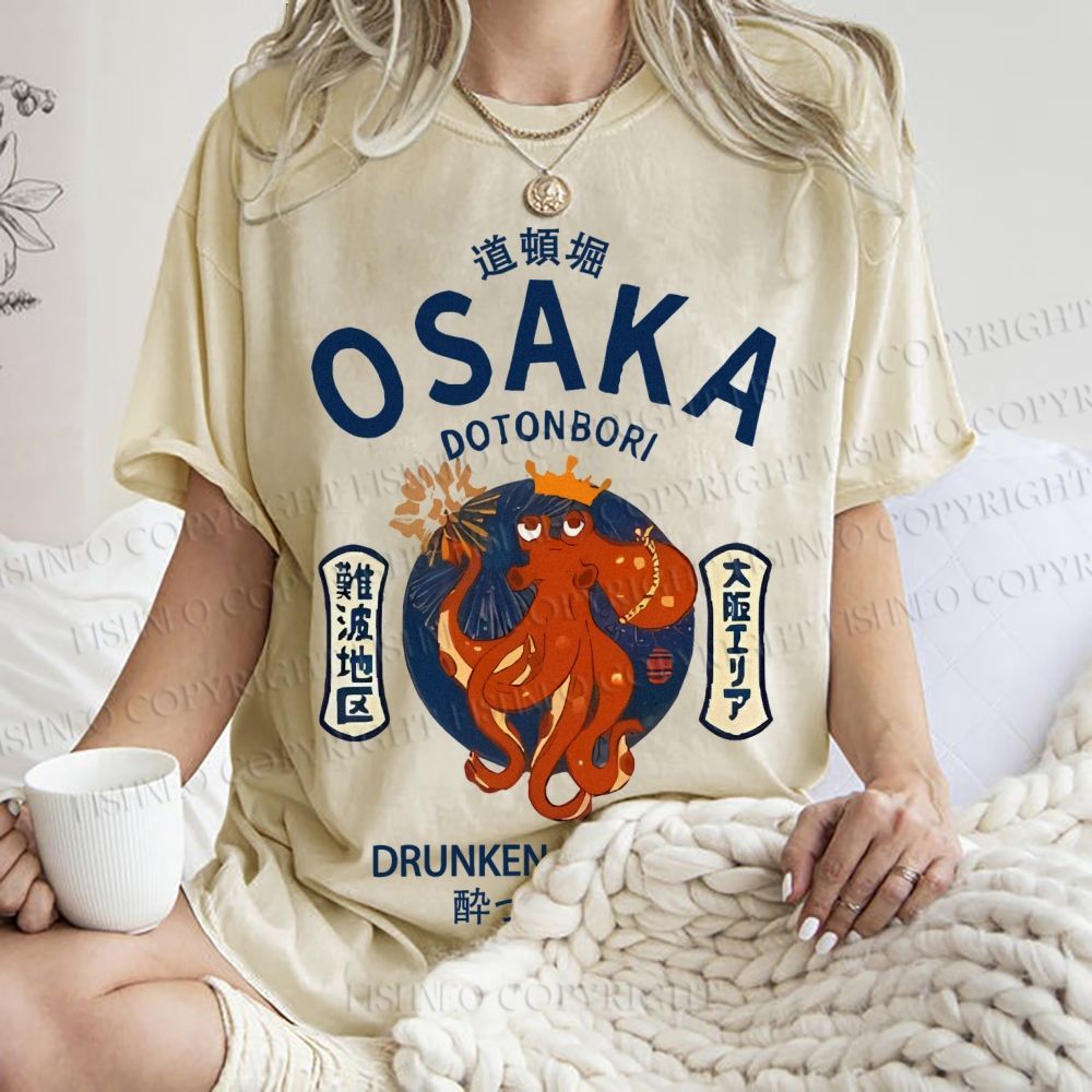 Unisex Osaka Drunken Octopus Japanese Style Printed Washed Tee