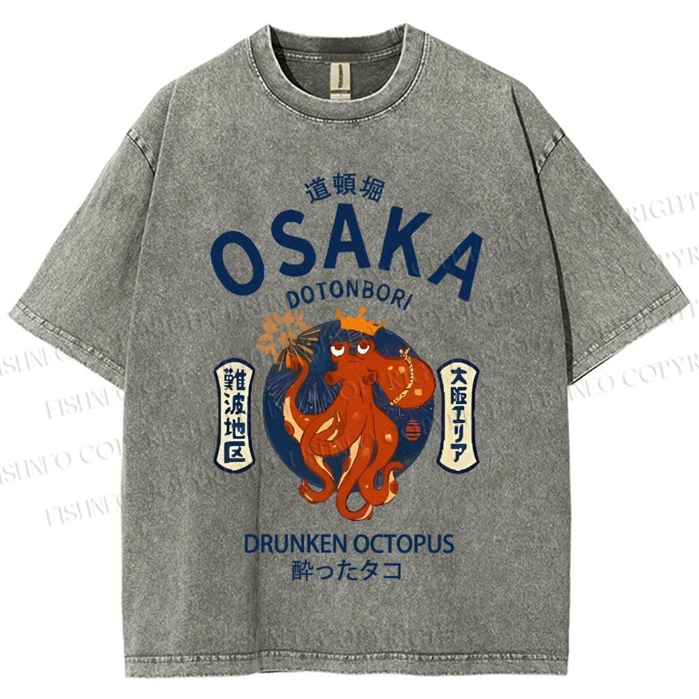 Unisex Osaka Drunken Octopus Japanese Style Printed Washed Tee