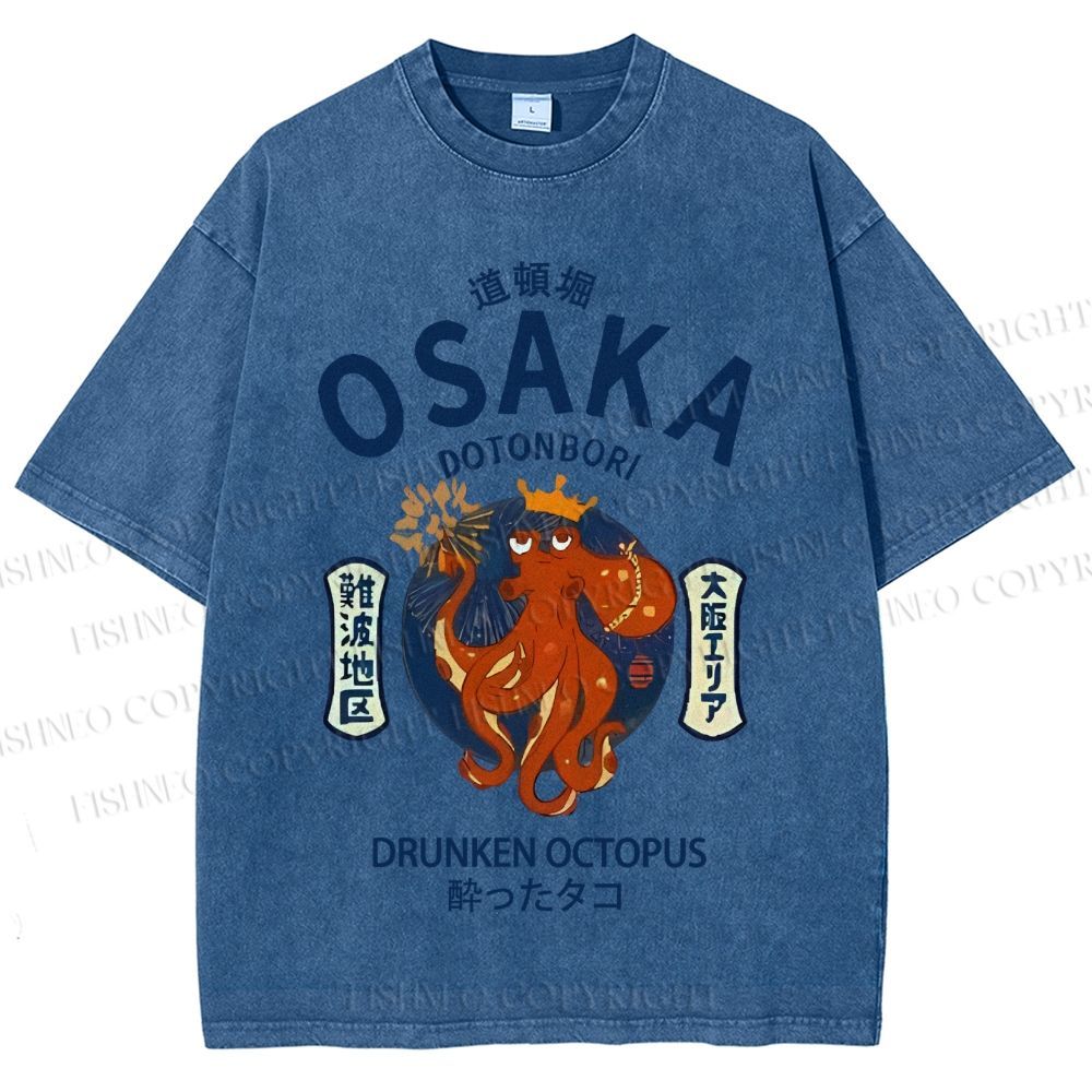 Unisex Osaka Drunken Octopus Japanese Style Printed Washed Tee