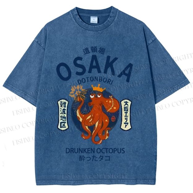 Unisex Osaka Drunken Octopus Japanese Style Printed Washed Tee