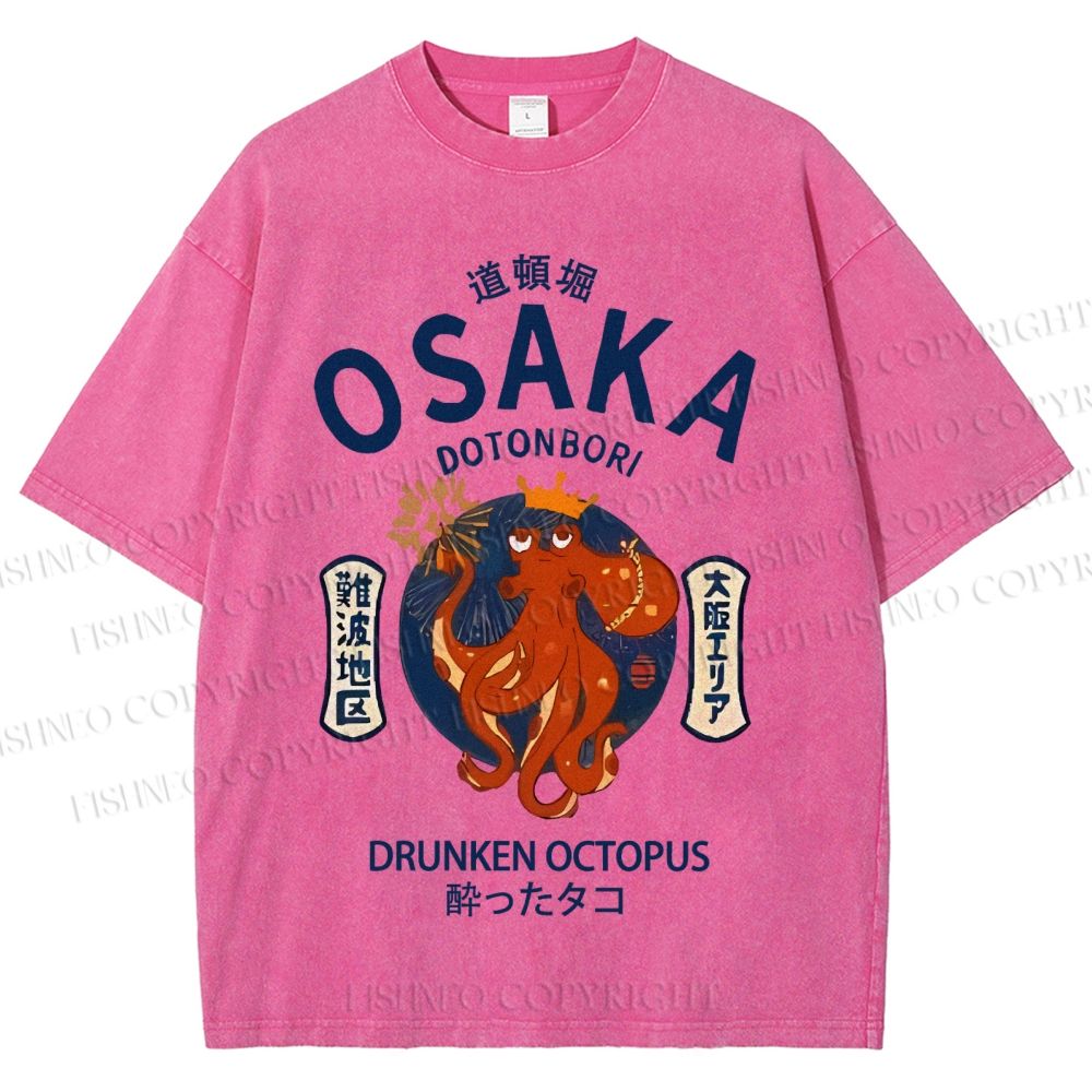 Unisex Osaka Drunken Octopus Japanese Style Printed Washed Tee