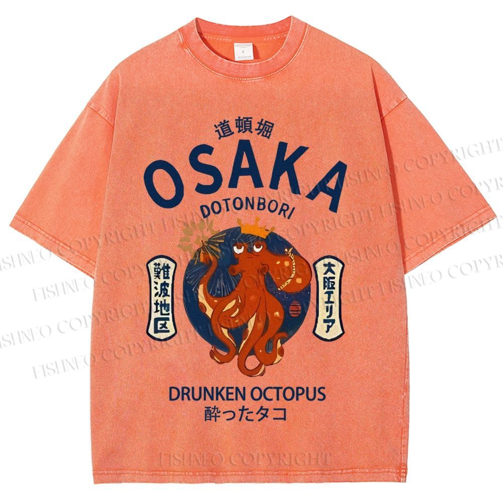 Unisex Osaka Drunken Octopus Japanese Style Printed Washed Tee