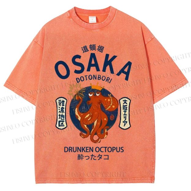 Unisex Osaka Drunken Octopus Japanese Style Printed Washed Tee
