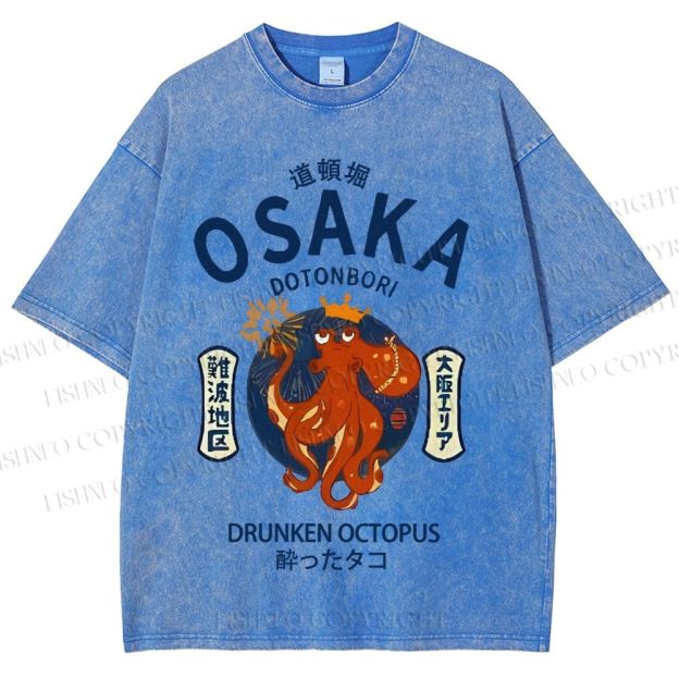 Unisex Osaka Drunken Octopus Japanese Style Printed Washed Tee