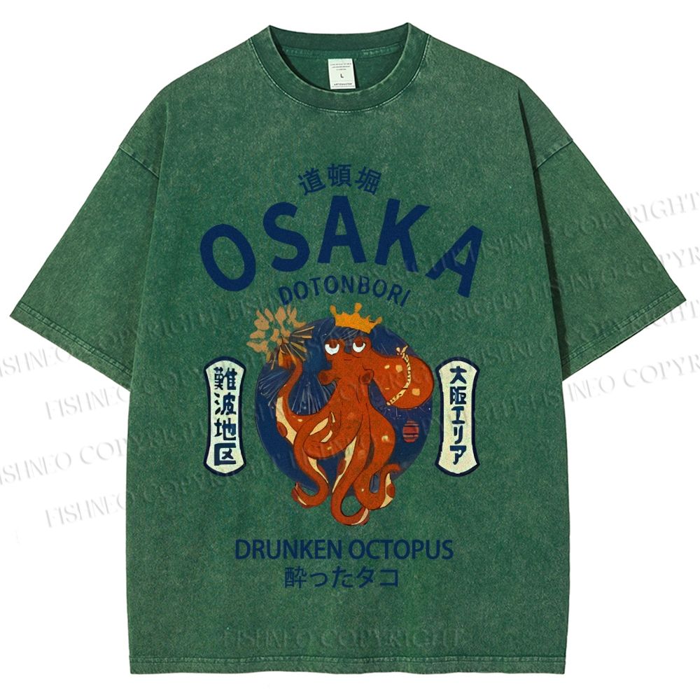 Unisex Osaka Drunken Octopus Japanese Style Printed Washed Tee