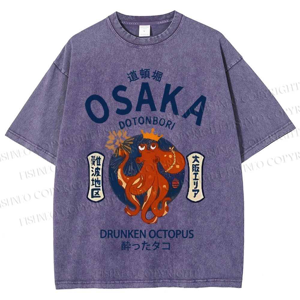 Unisex Osaka Drunken Octopus Japanese Style Printed Washed Tee