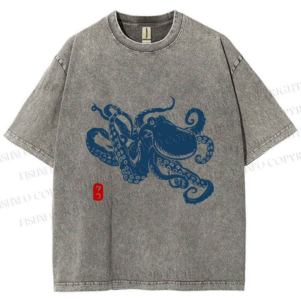 Unisex Octopus Japanese Style Printed Washed Tee