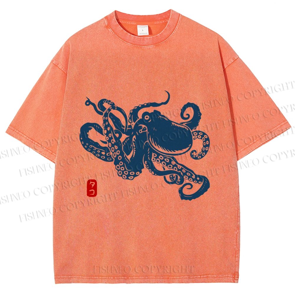 Unisex Octopus Japanese Style Printed Washed Tee
