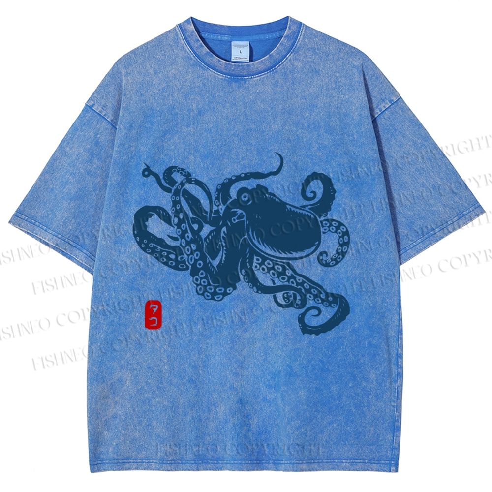 Unisex Octopus Japanese Style Printed Washed Tee