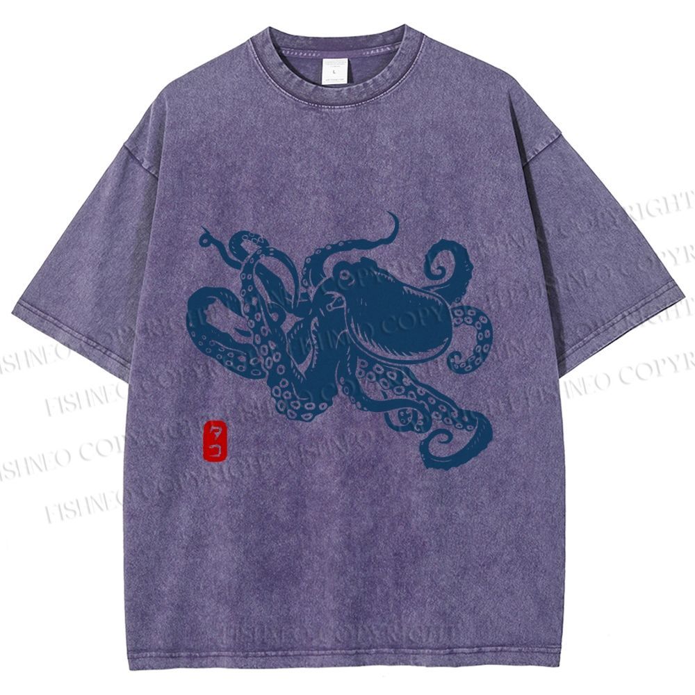 Unisex Octopus Japanese Style Printed Washed Tee