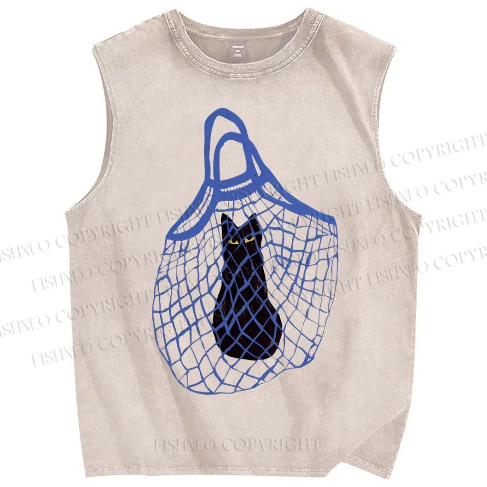 Unisex Cat Stuck In Woven Bag Printed Washed Tank Top