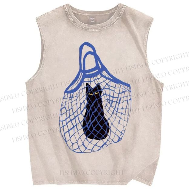 Unisex Cat Stuck In Woven Bag Printed Washed Tank Top