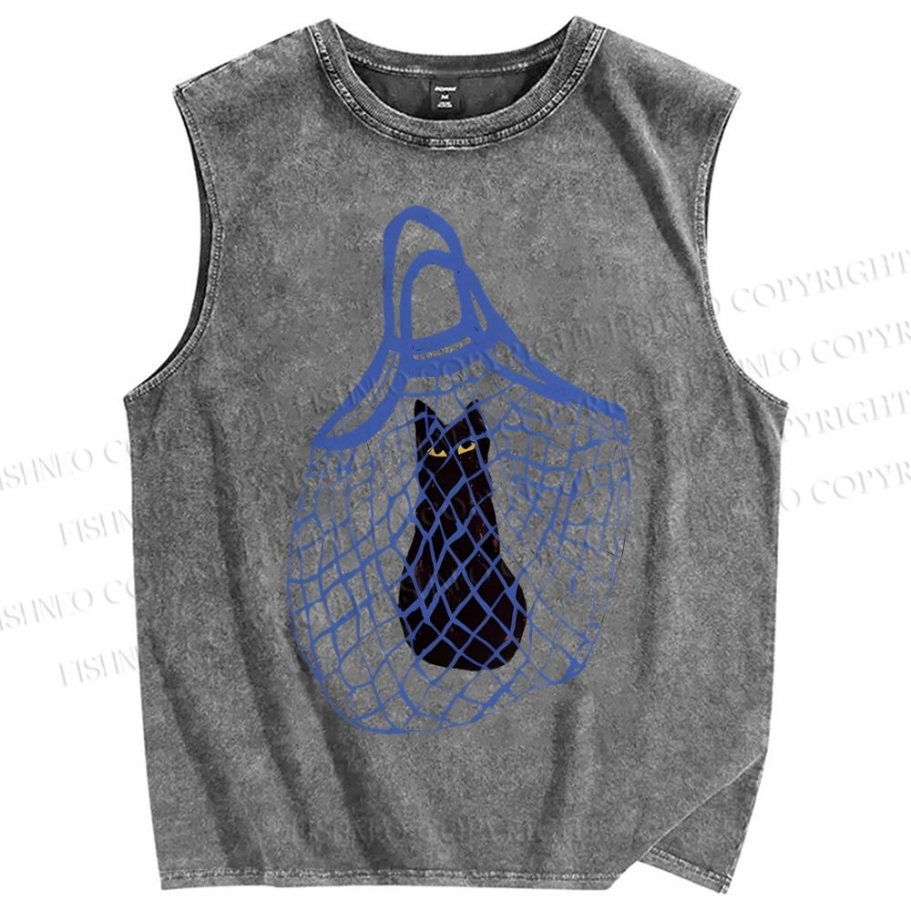 Unisex Cat Stuck In Woven Bag Printed Washed Tank Top
