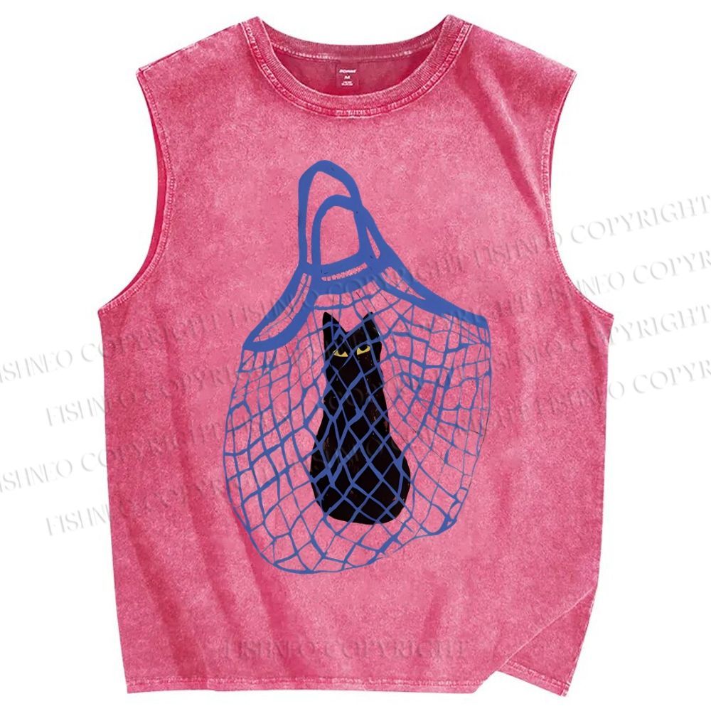 Unisex Cat Stuck In Woven Bag Printed Washed Tank Top