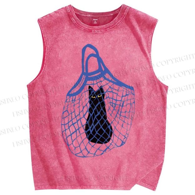Unisex Cat Stuck In Woven Bag Printed Washed Tank Top