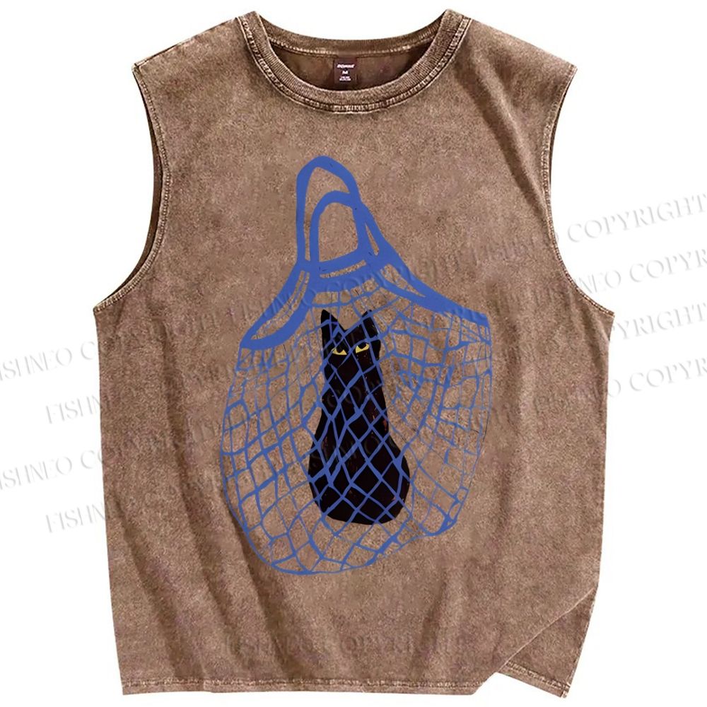 Unisex Cat Stuck In Woven Bag Printed Washed Tank Top