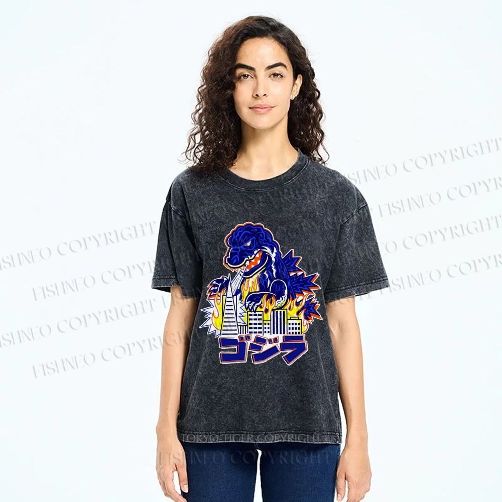 Unisex Japanese Godzilla Printed Washed Tee