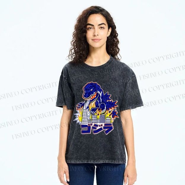 Unisex Japanese Godzilla Printed Washed Tee