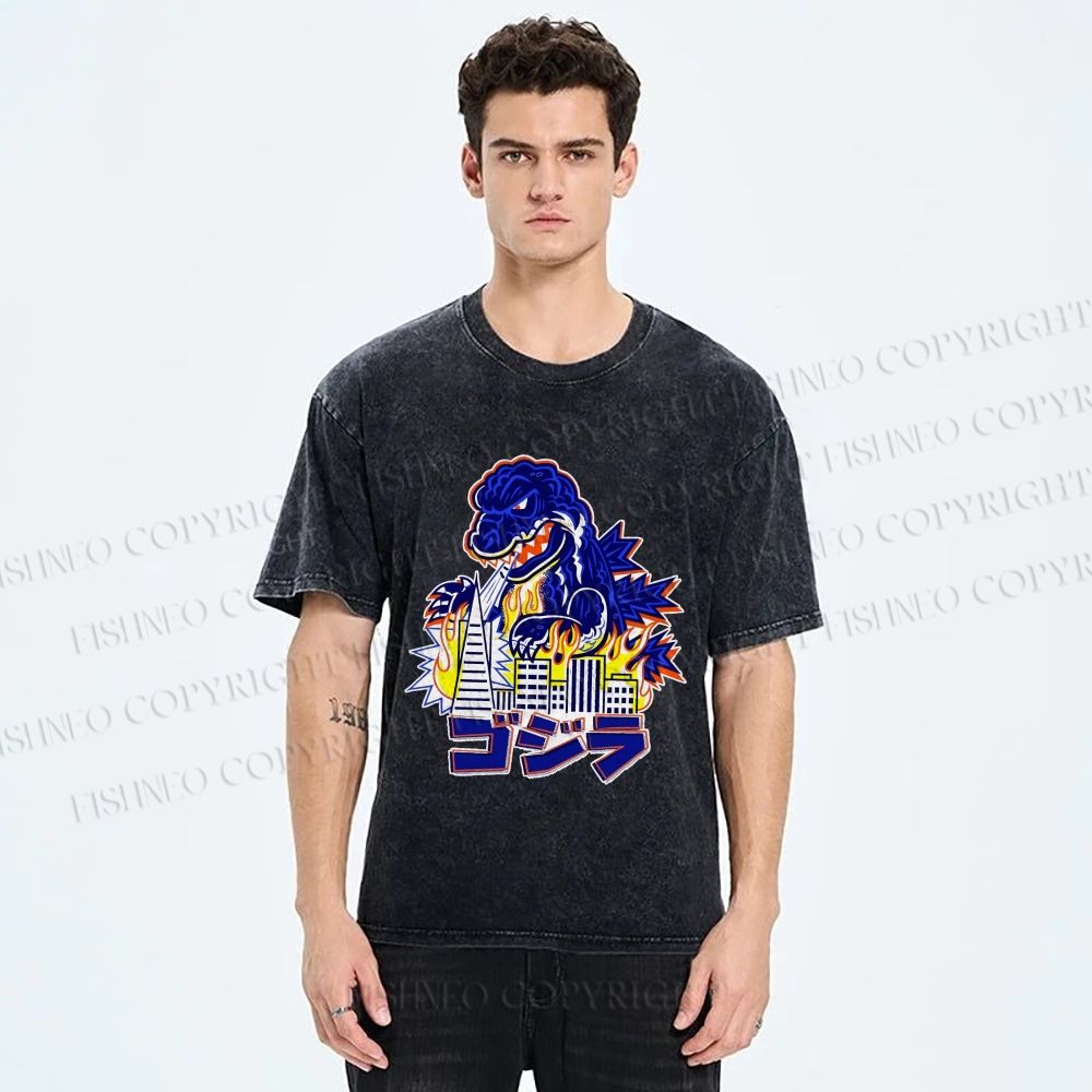 Unisex Japanese Godzilla Printed Washed Tee