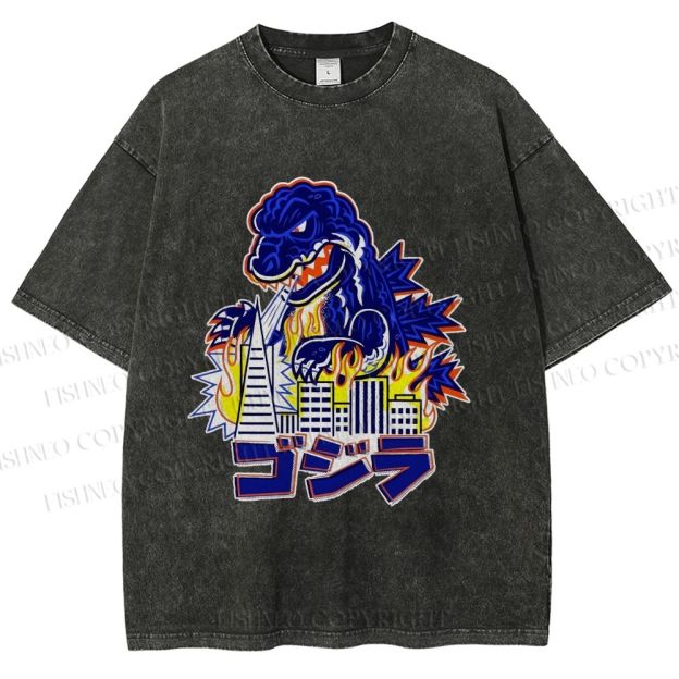 Unisex Japanese Godzilla Printed Washed Tee