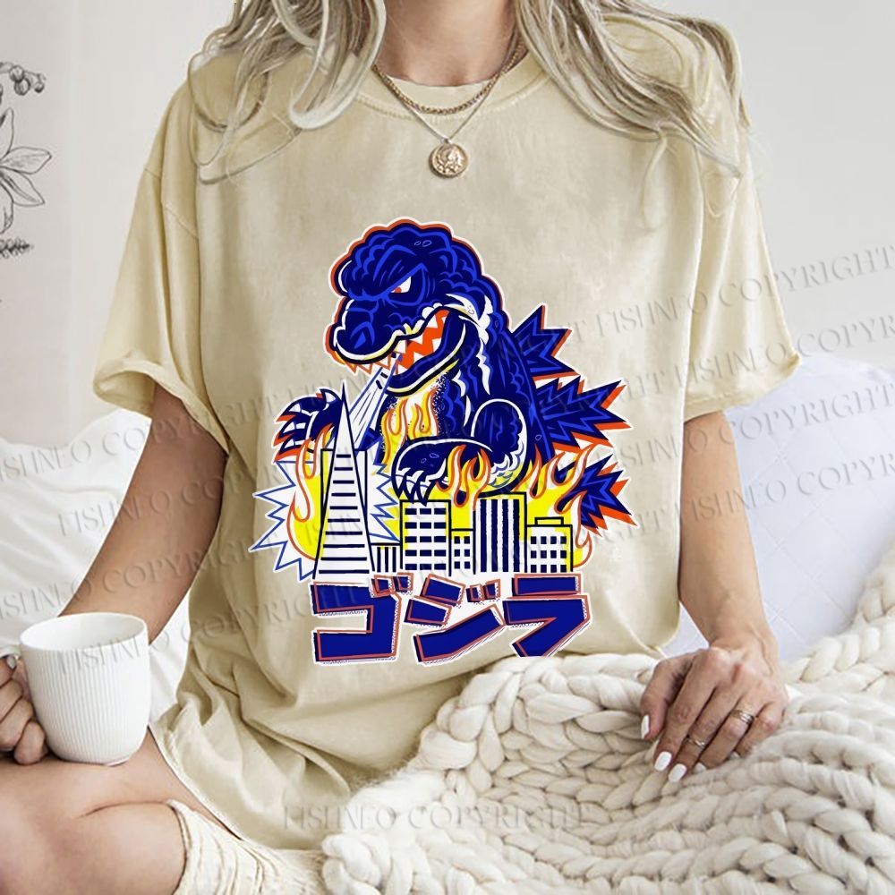 Unisex Japanese Godzilla Printed Washed Tee