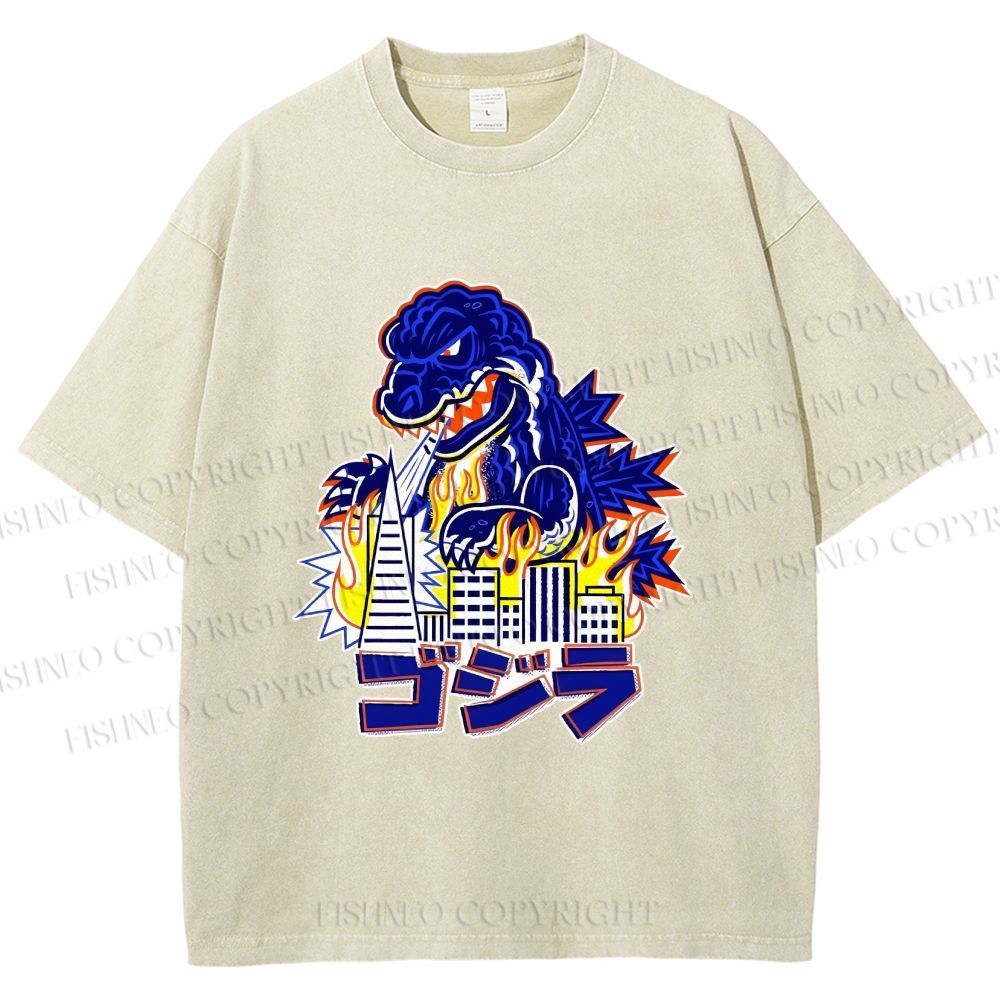 Unisex Japanese Godzilla Printed Washed Tee