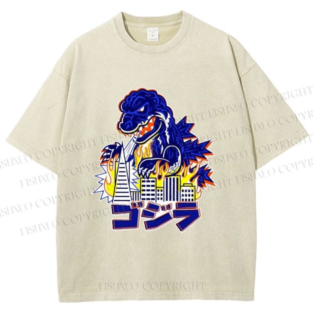 Unisex Japanese Godzilla Printed Washed Tee