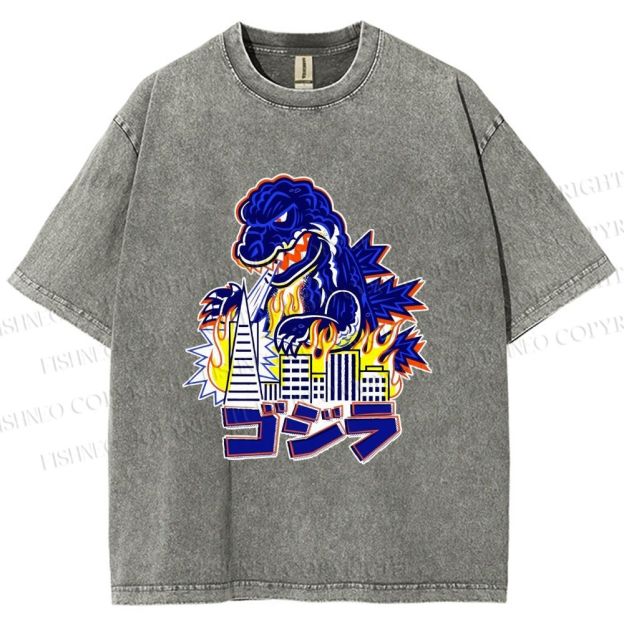 Unisex Japanese Godzilla Printed Washed Tee