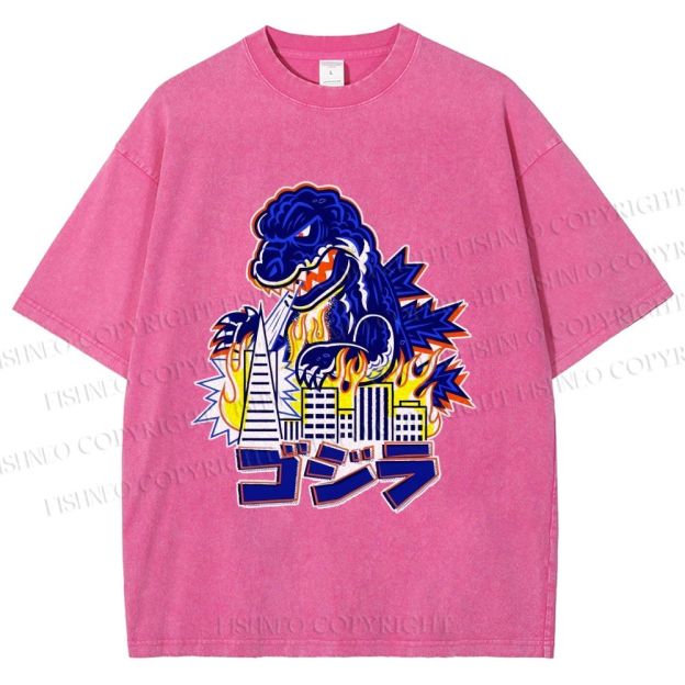 Unisex Japanese Godzilla Printed Washed Tee