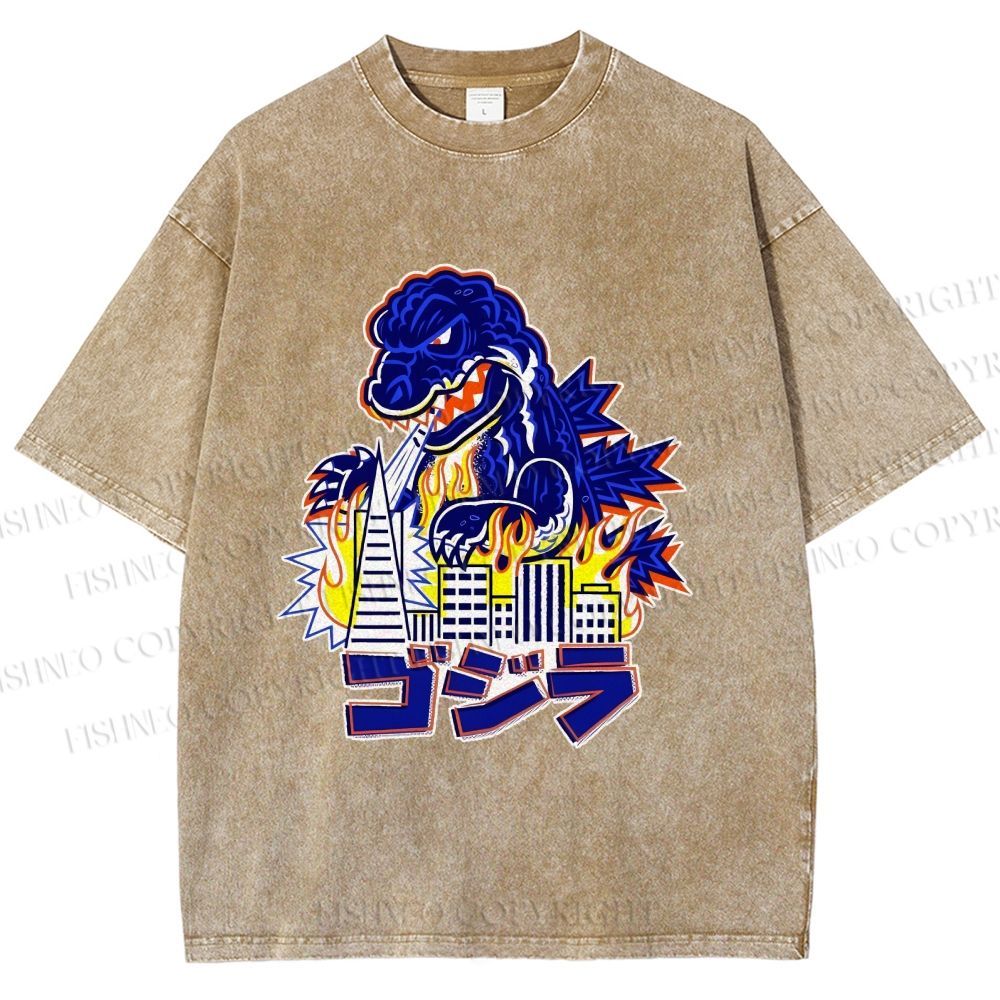 Unisex Japanese Godzilla Printed Washed Tee