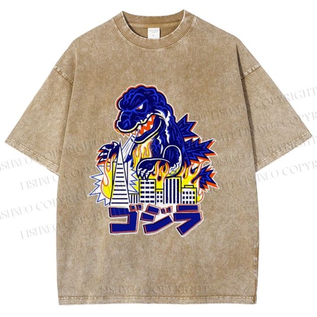 Unisex Japanese Godzilla Printed Washed Tee