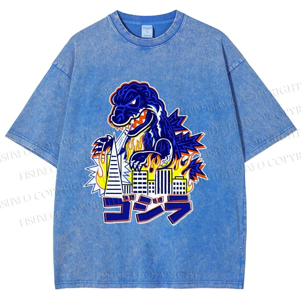Unisex Japanese Godzilla Printed Washed Tee