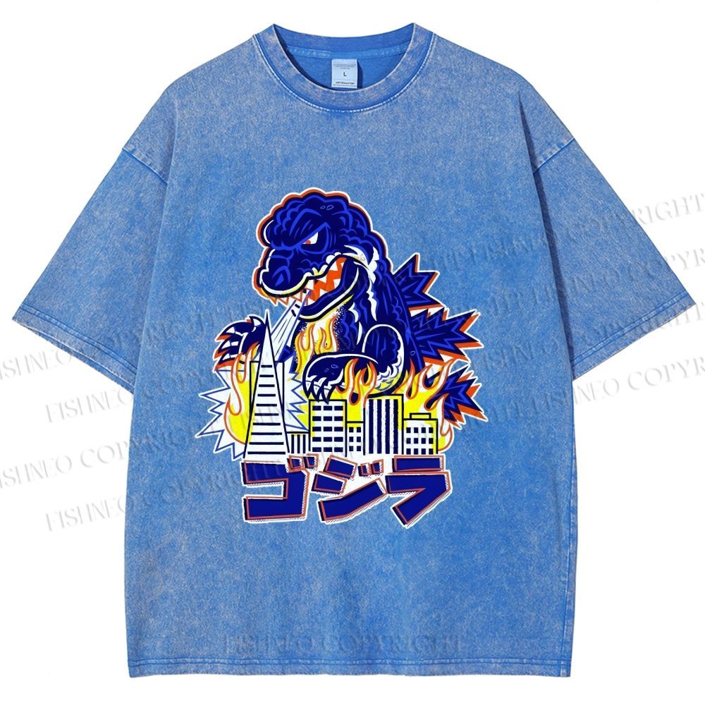 Unisex Japanese Godzilla Printed Washed Tee