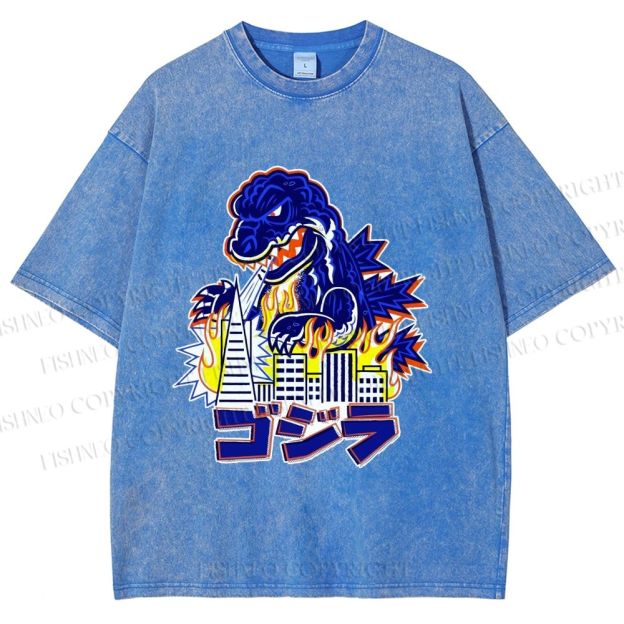Unisex Japanese Godzilla Printed Washed Tee