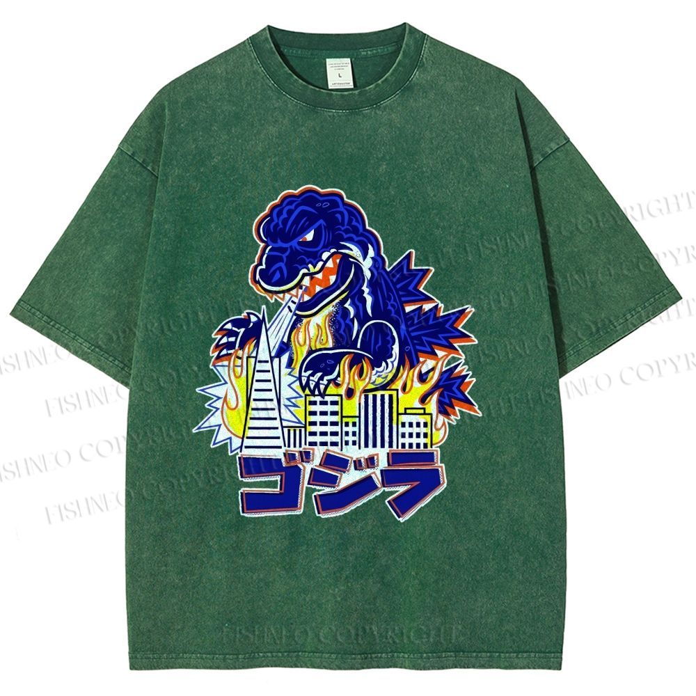 Unisex Japanese Godzilla Printed Washed Tee