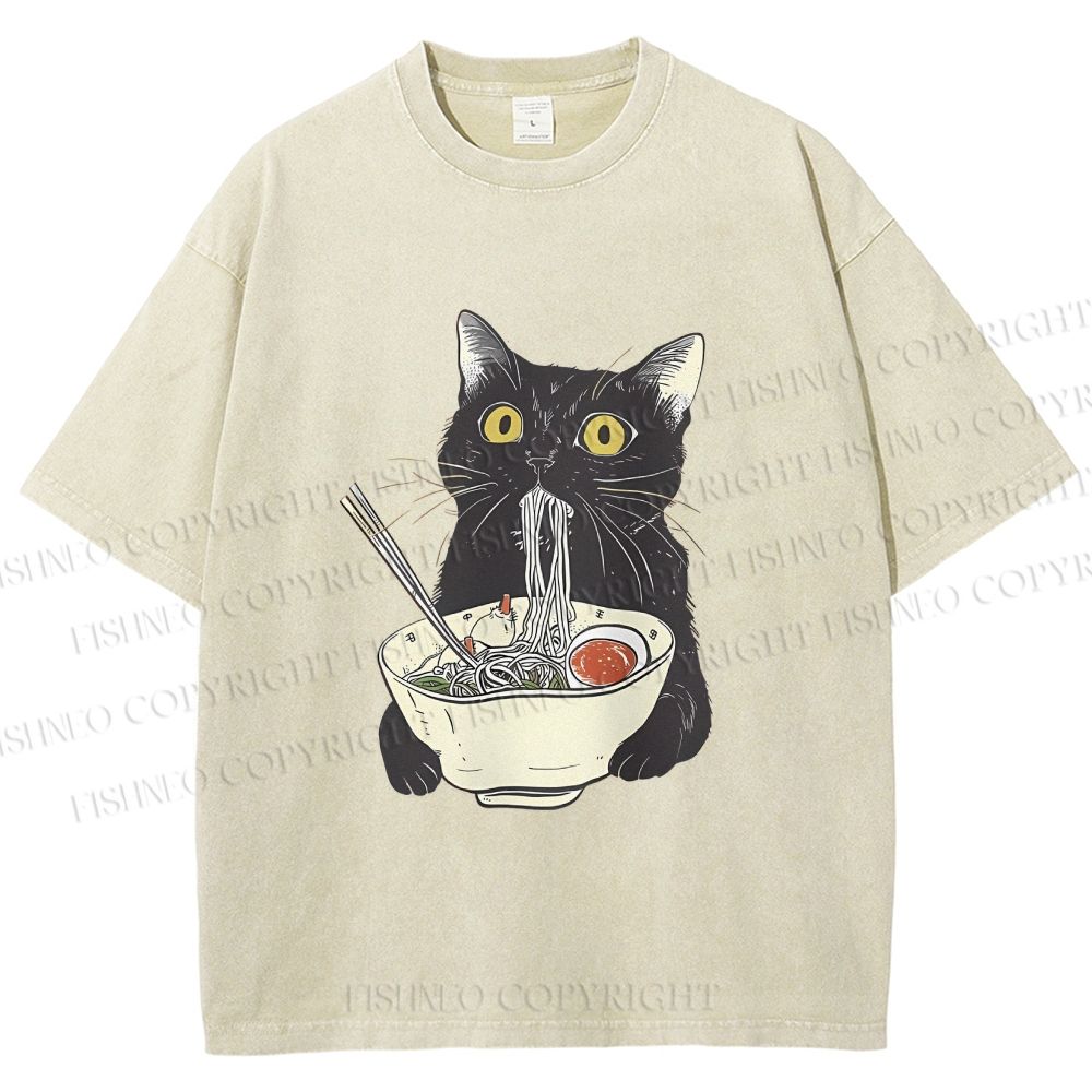 Unisex Vintage Cat Having Noodle Graffiti  Printed Washed Tee