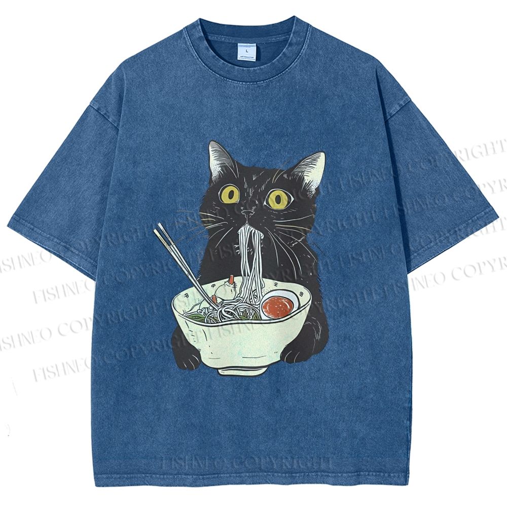 Unisex Vintage Cat Having Noodle Graffiti  Printed Washed Tee