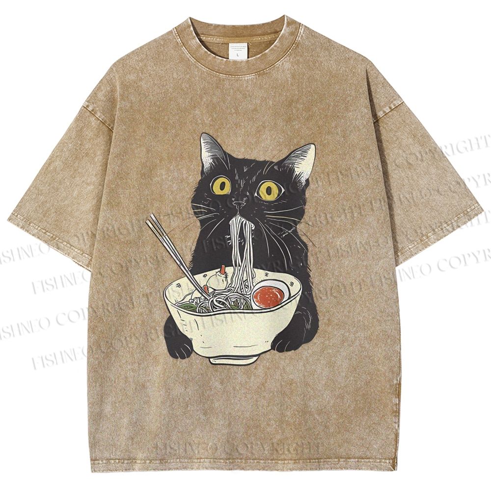 Unisex Vintage Cat Having Noodle Graffiti  Printed Washed Tee