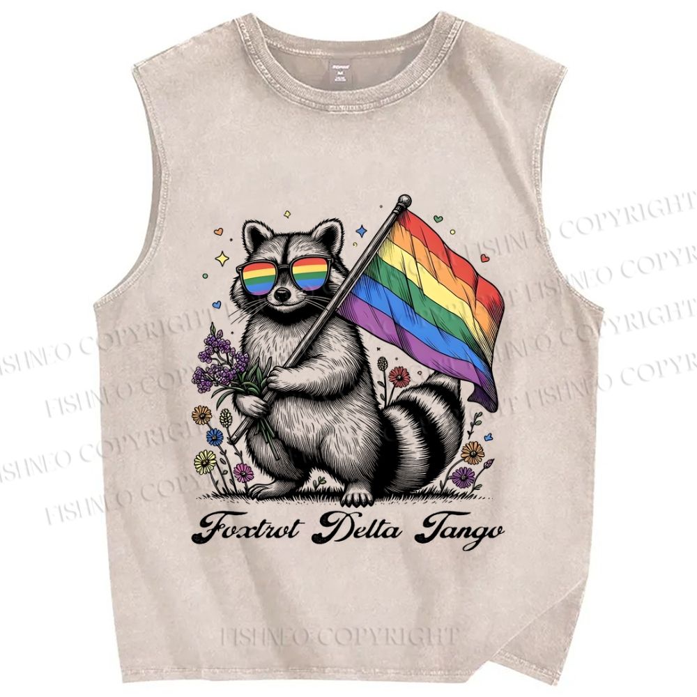 Unisex Pride Raccoon With Flag Printed Washed Tank Top
