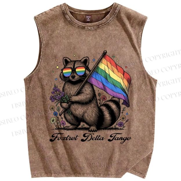 Unisex Pride Raccoon With Flag Printed Washed Tank Top