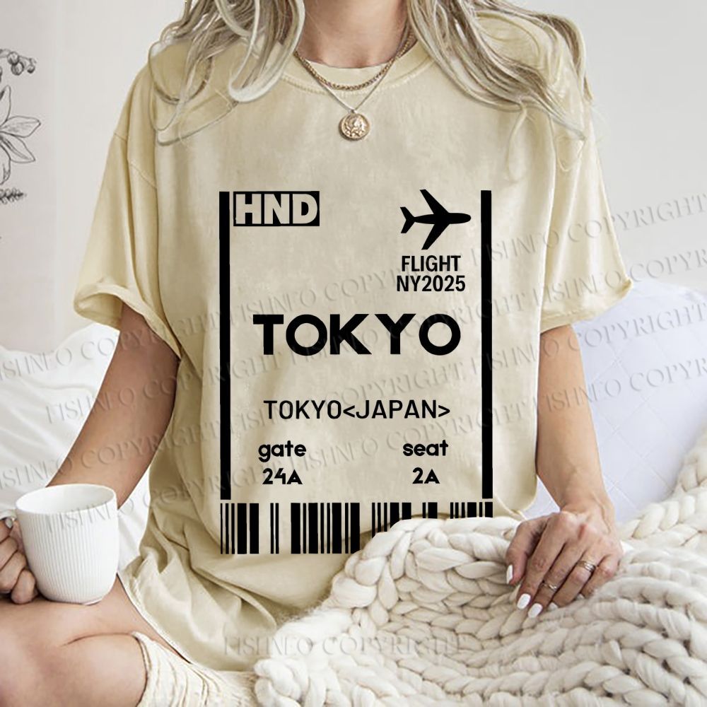 Unisex Tokyo Boarding Card Vintage Printed Washed Tee