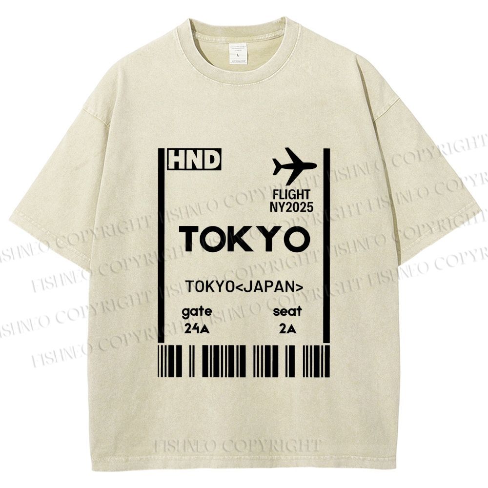 Unisex Tokyo Boarding Card Vintage Printed Washed Tee
